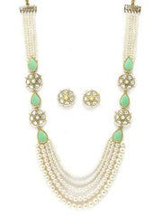 Karatcart Pearl Beaded Light Green Carved Stone Kundan Rani Haar Necklace Set for Women